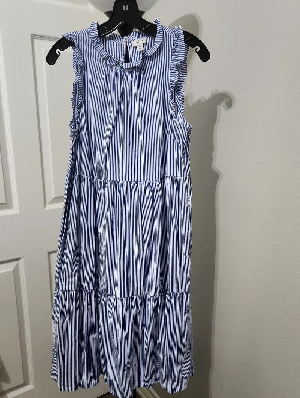 J.Crew Tiered Flounce Searsucker Blue/ White Stripe Ruffle Sleeveless Dress Sz 4